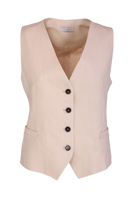 Shop ANTONELLI  Gilet: Antonelli gilet "Fiamingo" 
Gilet in lino beige.
Chiusura a bottoni.
Due tasche frontali a filetto.
Composizione: 73% viscosa, 27% lino.
Made in Italy.. FIAMINGO L3451 935-110